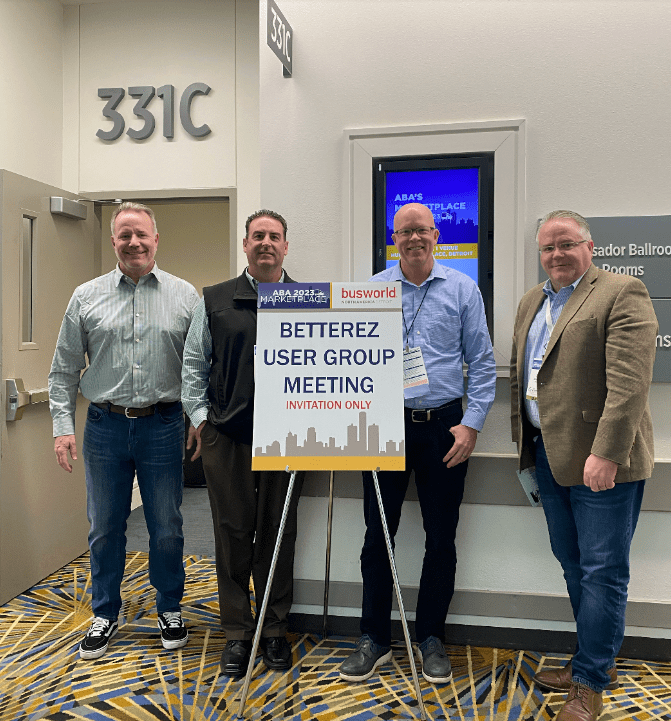 “Betterez’ Mike Van Horn with customers John Meier, Badger Bus, Dennis Lyons, Dattco and Terry Kin of All Aboard America Holdings, Inc.”