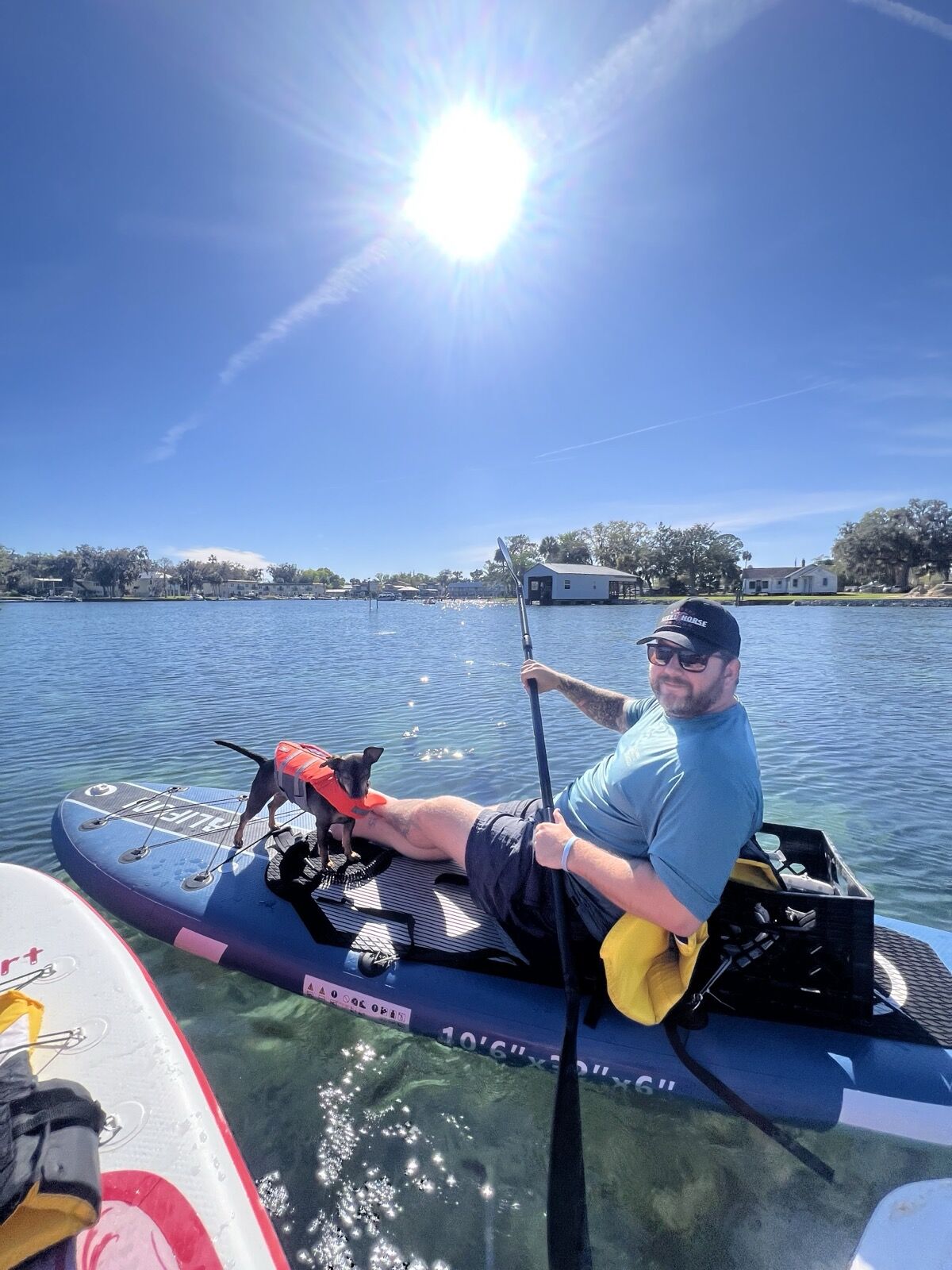 A team member paddleboarding on a lake with a dog in a life vest