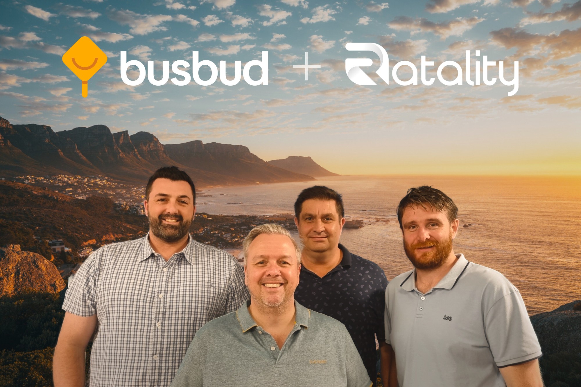 Members of the Busbud and Ratality teams posing together outdoors to mark the two companies joining forces