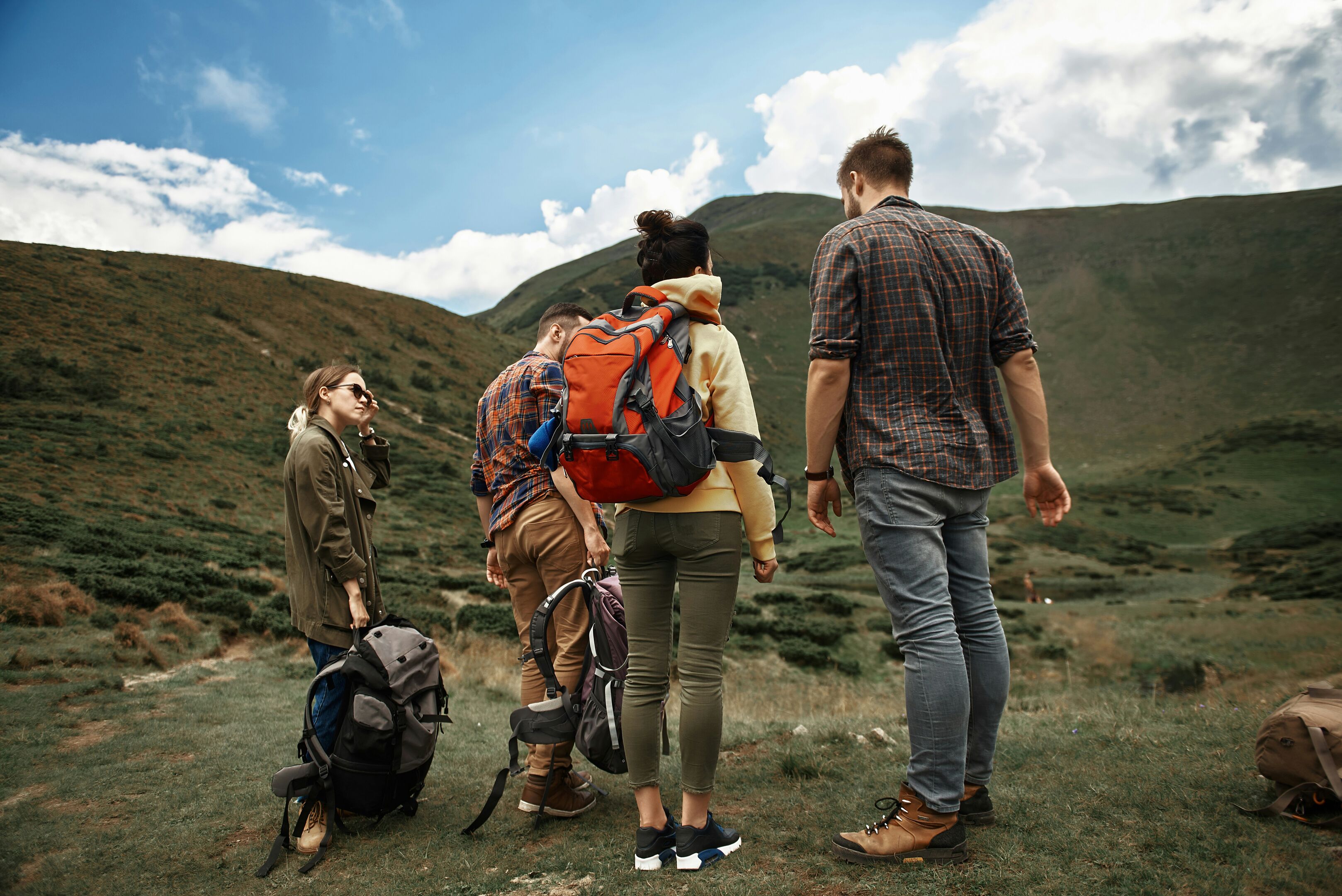 Group of travelers hiking together